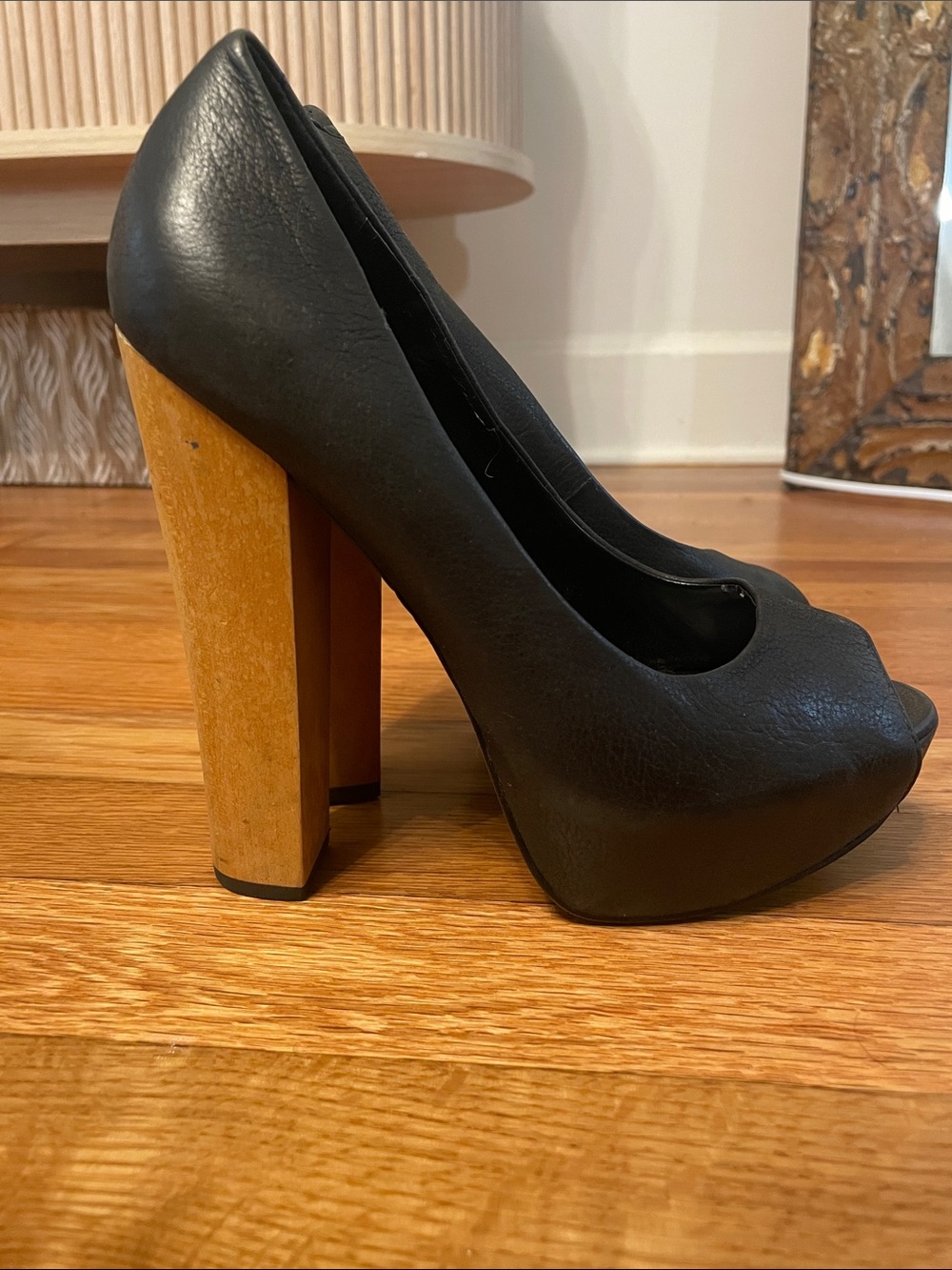 Aldo Black Peep-Toe Platform Pump with Wood Block Heel
